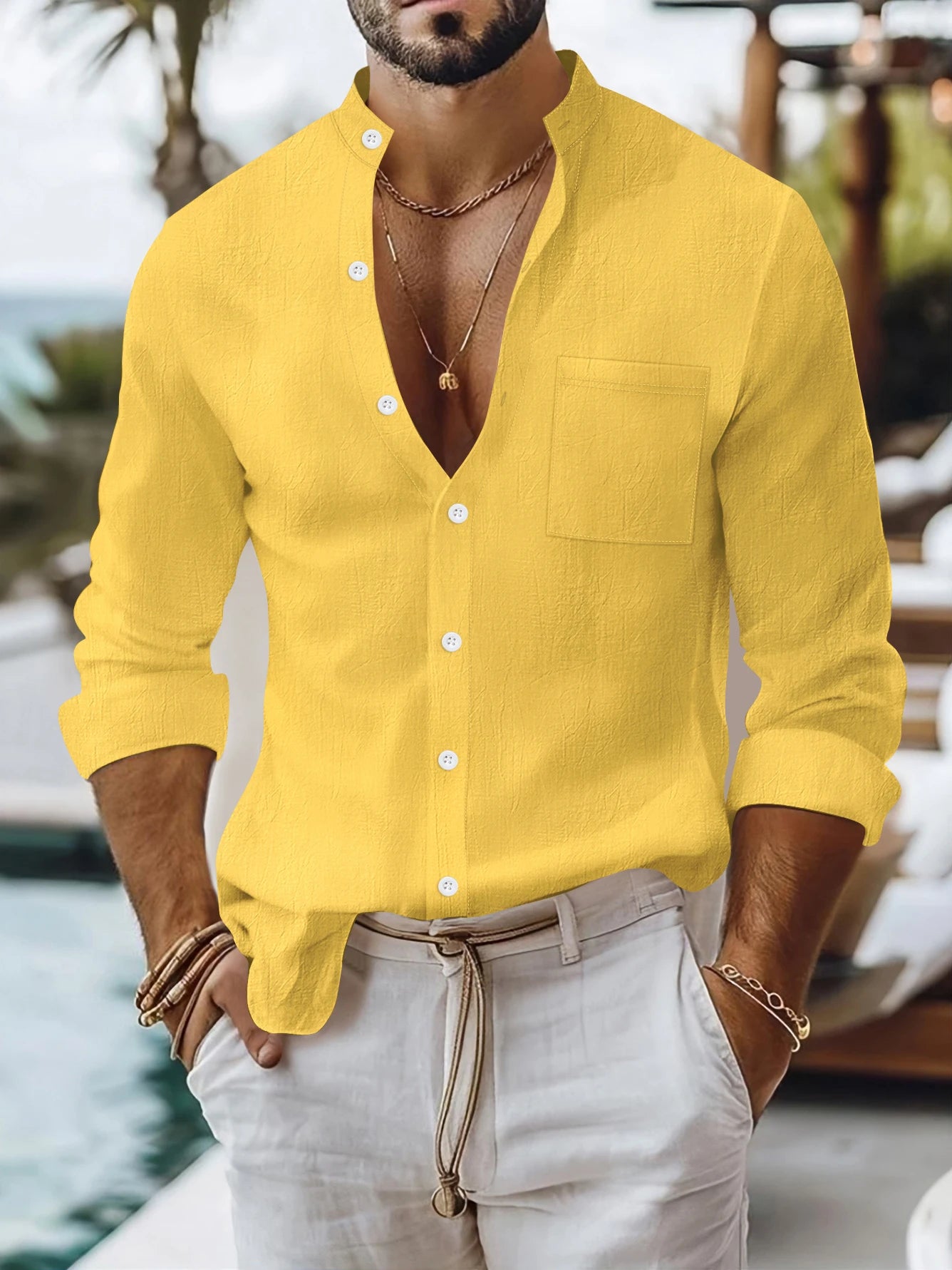 2025 Spring and Autumn New Men's Long Sleeve Shirt Cotton and Hemp Stand Collar Casual Cardigan