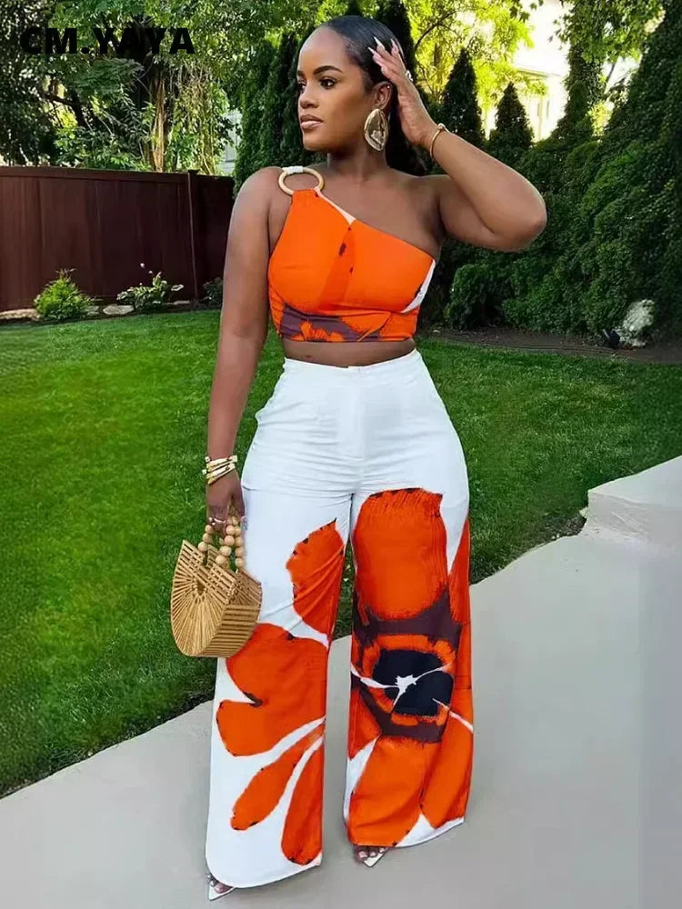 Women Set Floral Print Sleeveless Skew Collar Tops +Wide Leg Pants Two 2 Piece Set Outfit