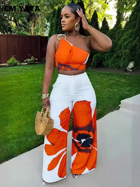 Women Set Floral Print Sleeveless Skew Collar Tops +Wide Leg Pants Two 2 Piece Set Outfit