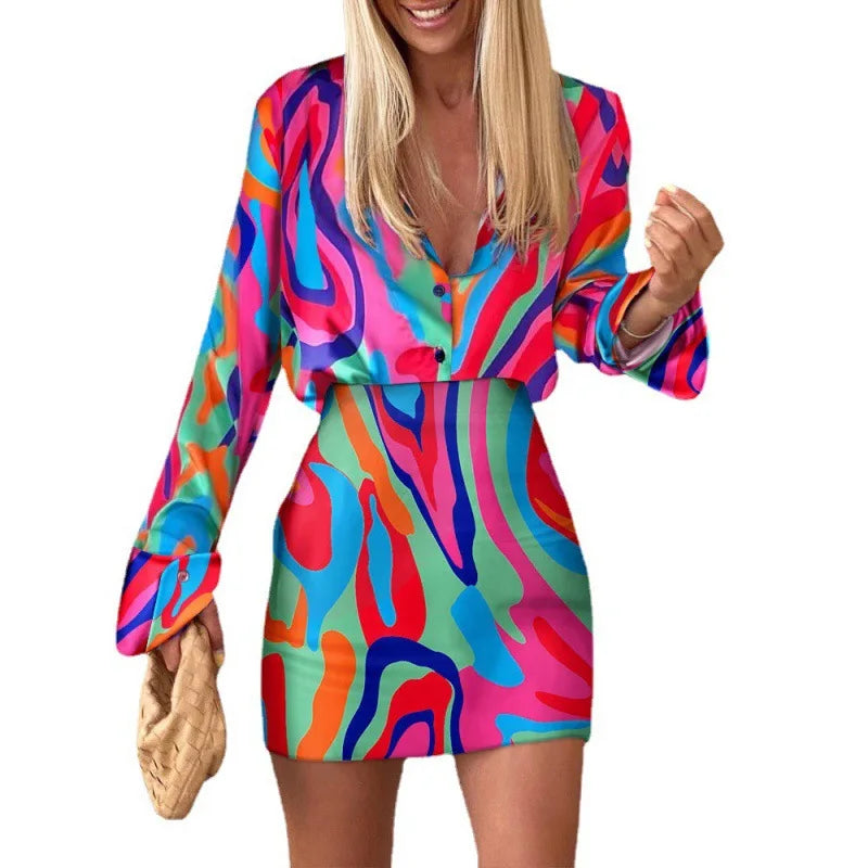 Two Piece Suit Women Printed Long Sleeve Bag Hip Slim V-neck