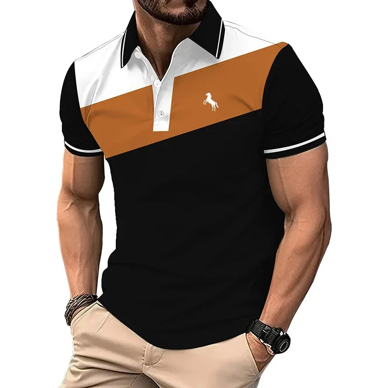 Men Clothes Summer Casual Short Sleeve Spell Color Button Polo Shirt Men Business Polo Shirt 3D Digital Print Polo Shirt Tops