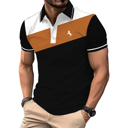Men Clothes Summer Casual Short Sleeve Spell Color Button Polo Shirt Men Business Polo Shirt 3D Digital Print Polo Shirt Tops