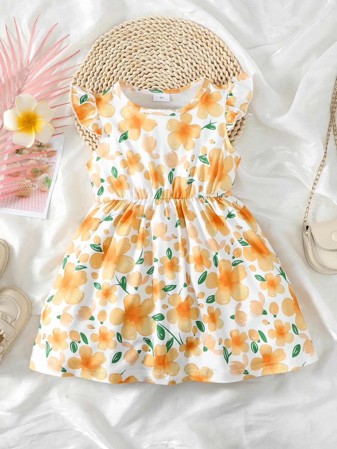 2PCS/Bundle Dress Yellow Sleeved Yellow Sleeveless Floral Dress Rural Style Dress Summer Daily Wear for Child Girl 1-6 Years