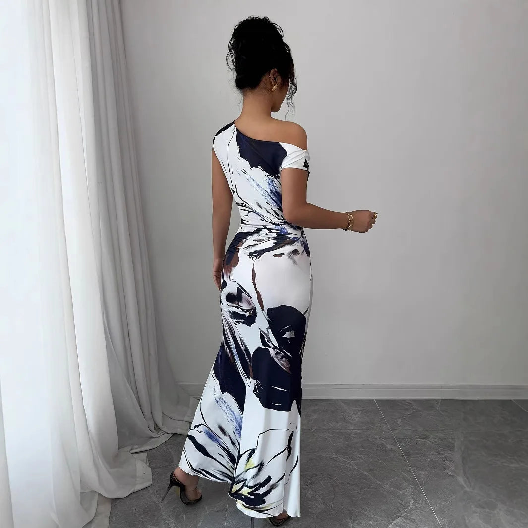 Sexy Bodycon Maxi Dresses For Women 2025 Autumn Winter Fashion Flower Print Slim Sleeveless Off The Shoulder Long Dress Elegant