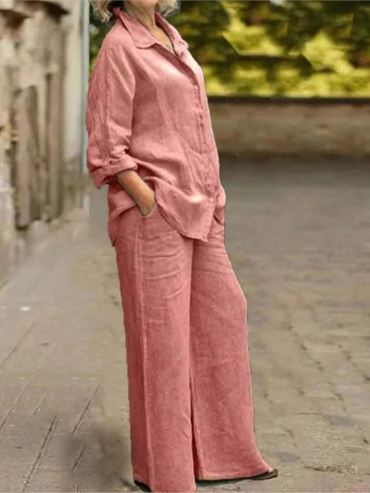Fashion Cotton Linen Shirt Long Sleeved Women's Set Spring Autumn Loose Cotton  Linen Wide Leg Trousers Female Office 2piece Set