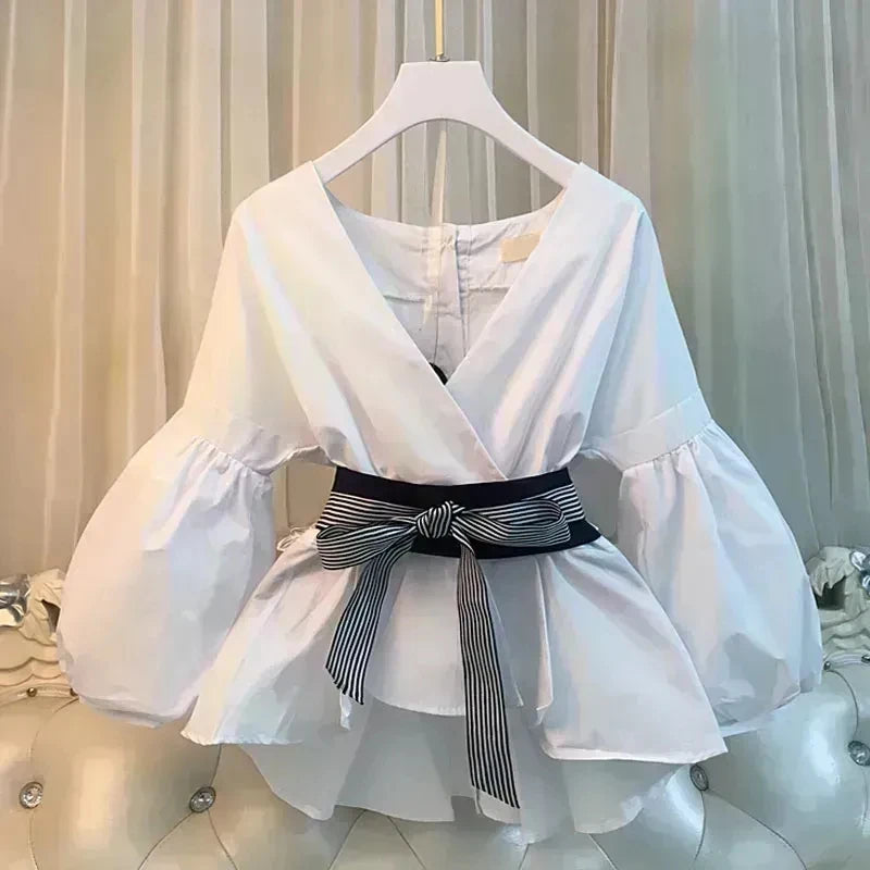 Women Elegant V-Neck Stripe Lantern Sleeve Bow Belt Trend Slim Chiffon Shirt Top And Korean Ripped Jeans Office Lady Casual Suit