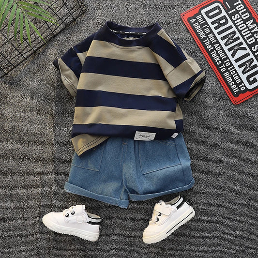 baby boy clothes set summer solid color striped casual