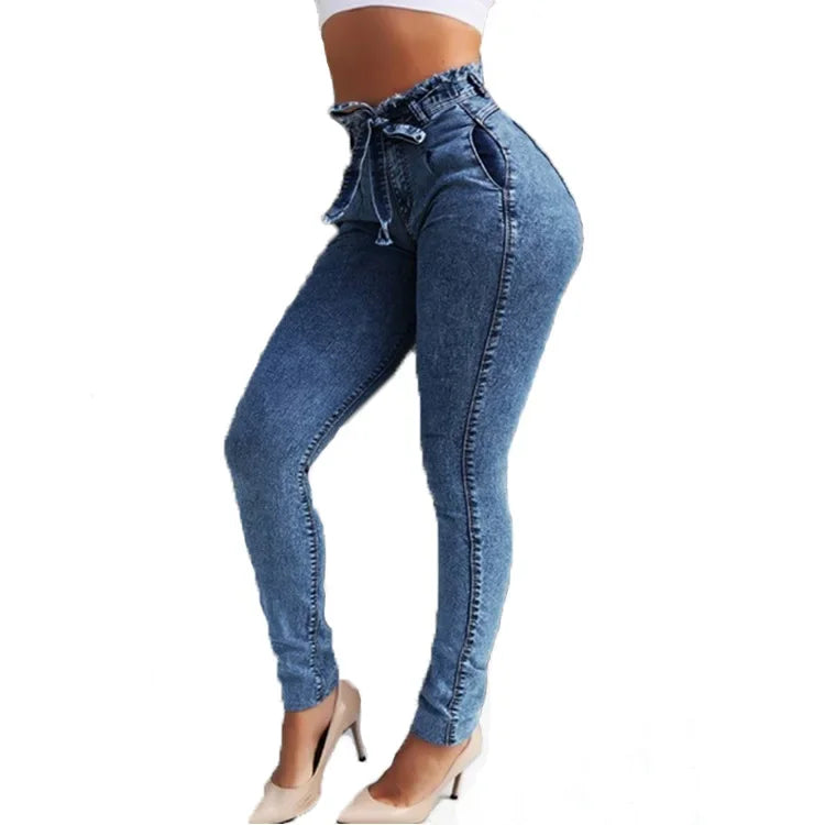 Jeans Slim Stretch Tassel Belt High Waist