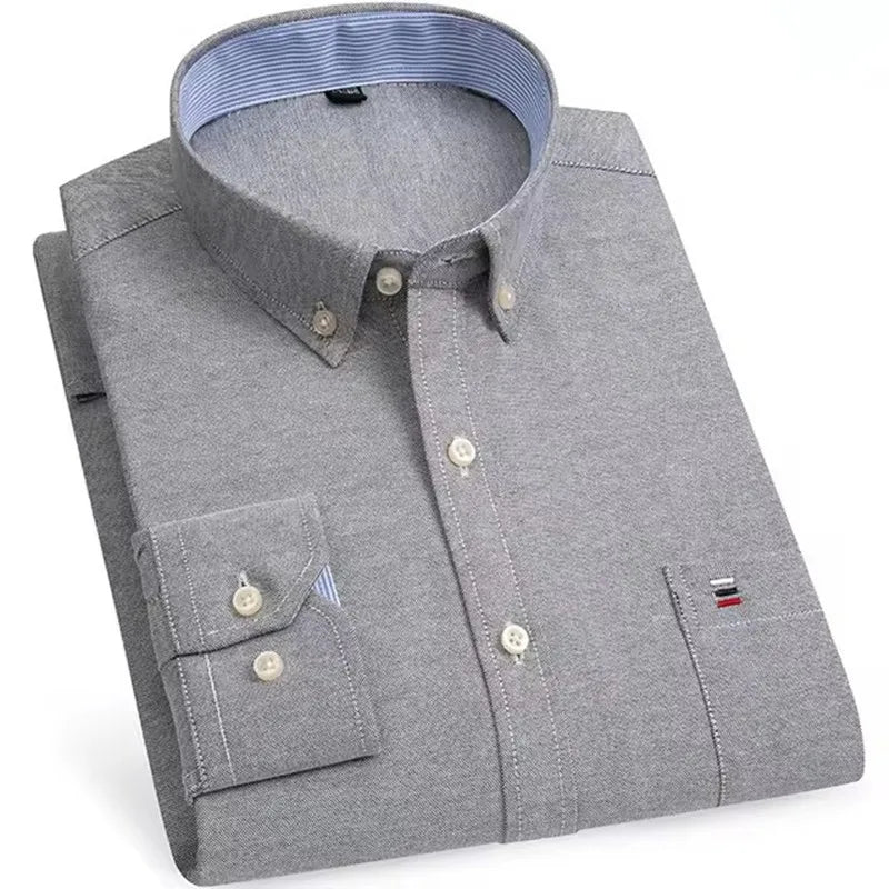 Men's Versatile Casual Checkered Oxford Cotton Shirts Single Pocket Long Sleeve Standard-fit Button Down Gingham Striped 7XL 6XL