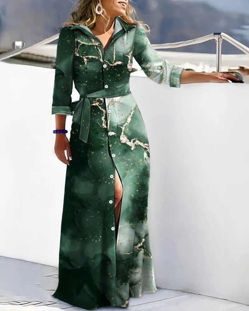 Women Casual Shirt Dress V-Neck Irregular Print Slit Midi Dress Summer Fashion Elegant Beach Vacation Female Clothing
