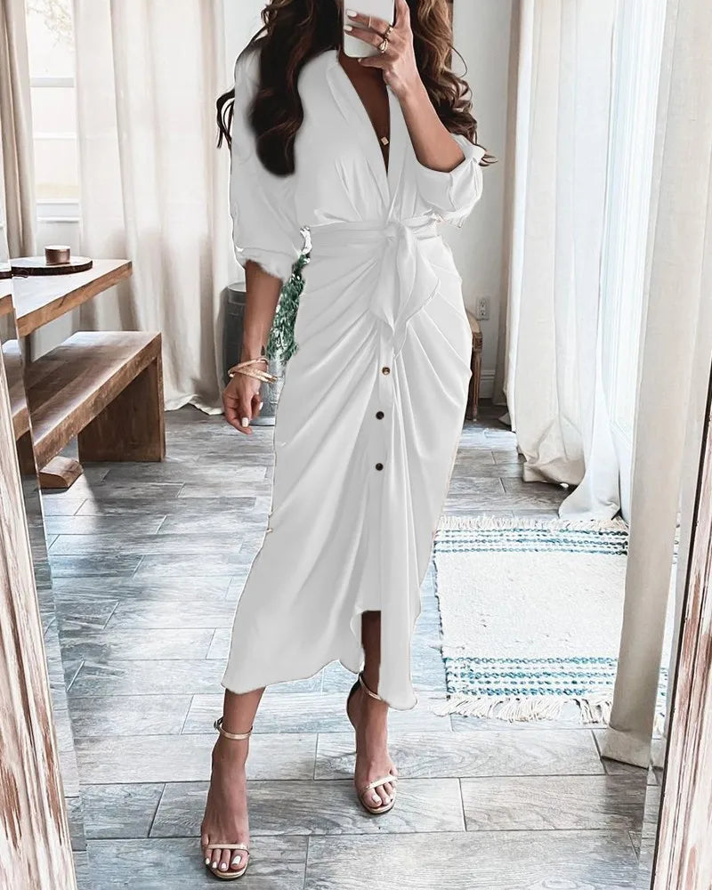 Elegant slim temperament V-neck tie stitching long-sleeved shirt dress long skirt women