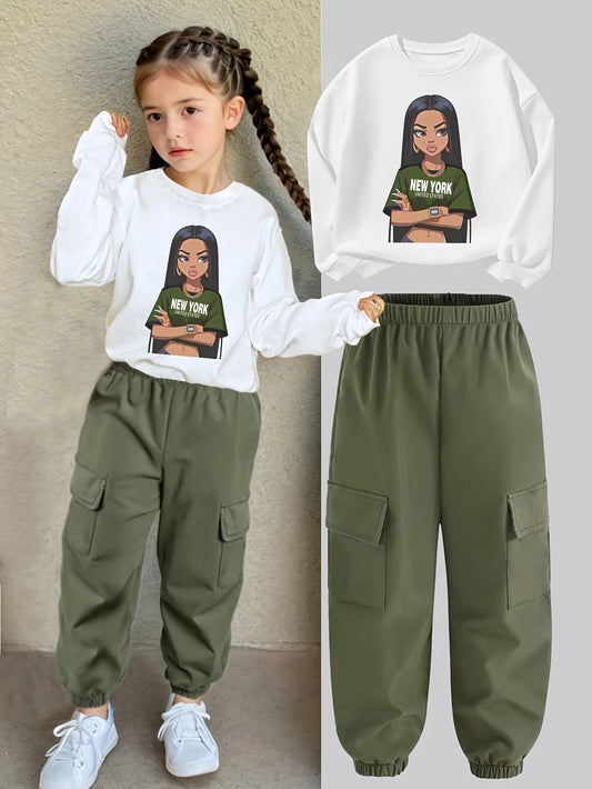 Kids Clothes Girls Letter Print Casual Sweatshirt&Cargo Pants Set Girl Autumn Streetwear Style Sweatshirt Two-Piece Pocket Cargo