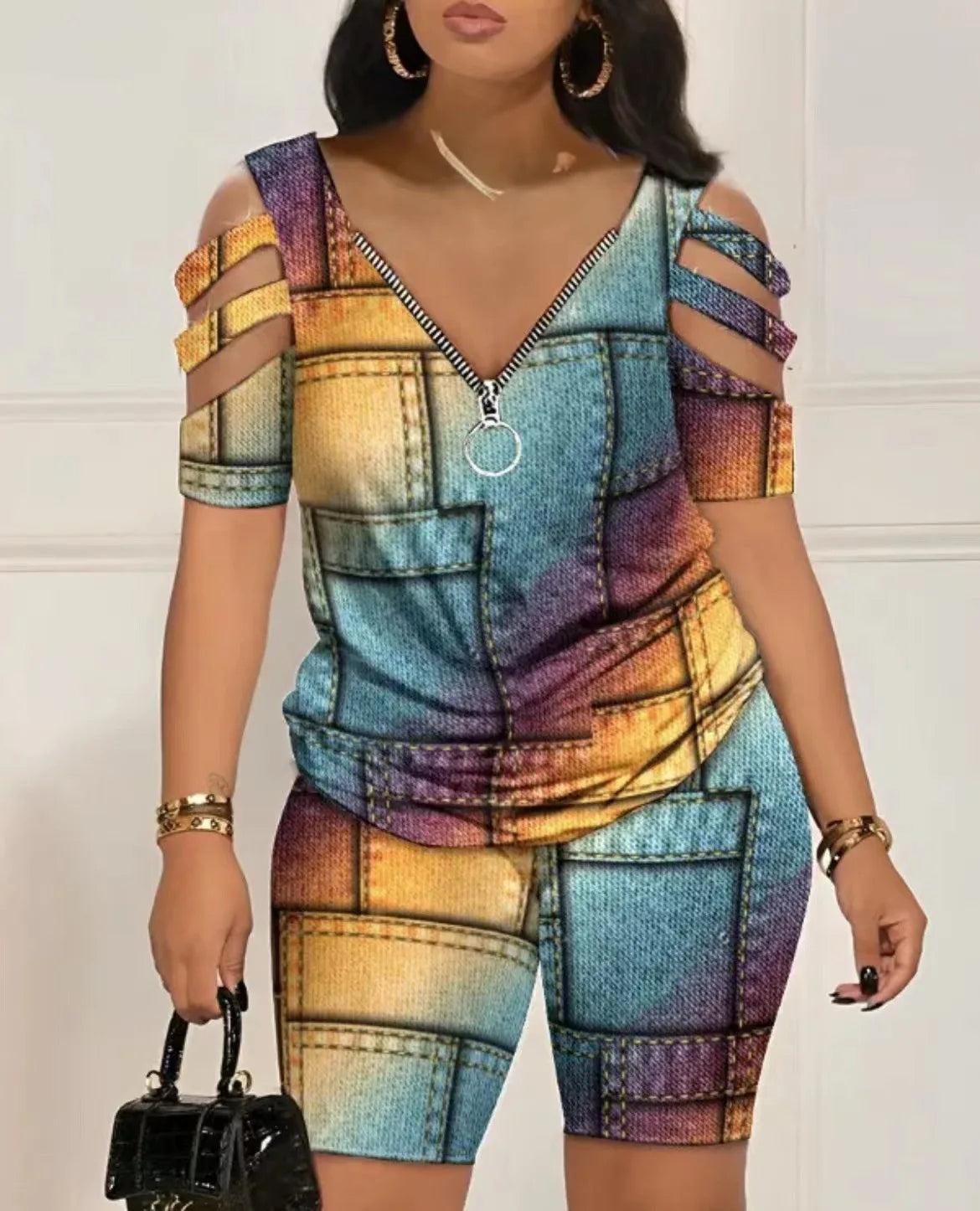 Summer Casual Loose Print T Shirts Two Piece Set For Women