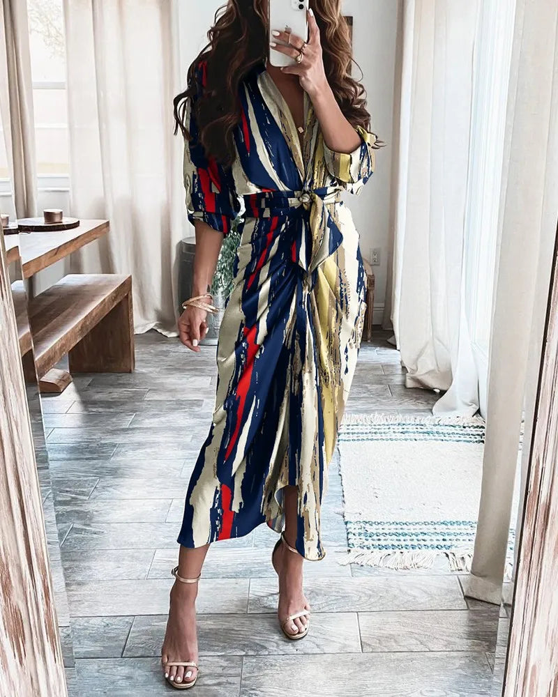 Elegant slim temperament V-neck tie stitching long-sleeved shirt dress long skirt women