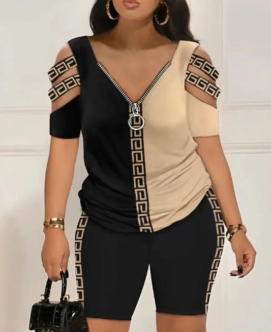 Summer Casual Loose Print T Shirts Two Piece Set For Women