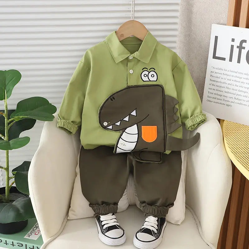 New Spring Kids Clothes Kids Cotton Sport Patchwork Dinosaur Baby Shirt Jeans 2Pcs/Set Children Boys Casual Suit 1 2 3 4 5 Years