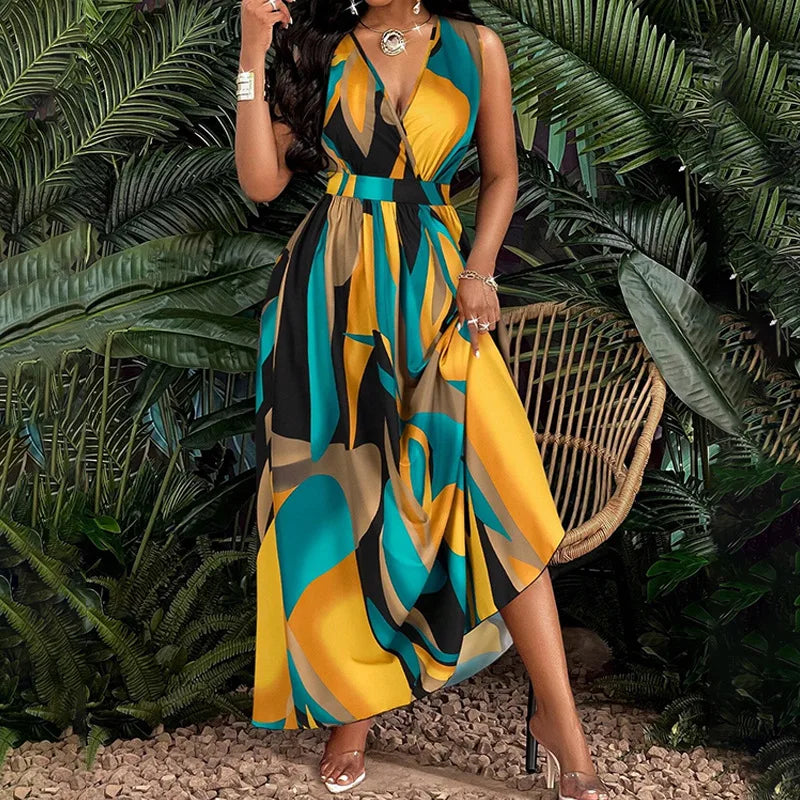 Summer V-neck Elegant Vacation Style Long Printed Dress For Women