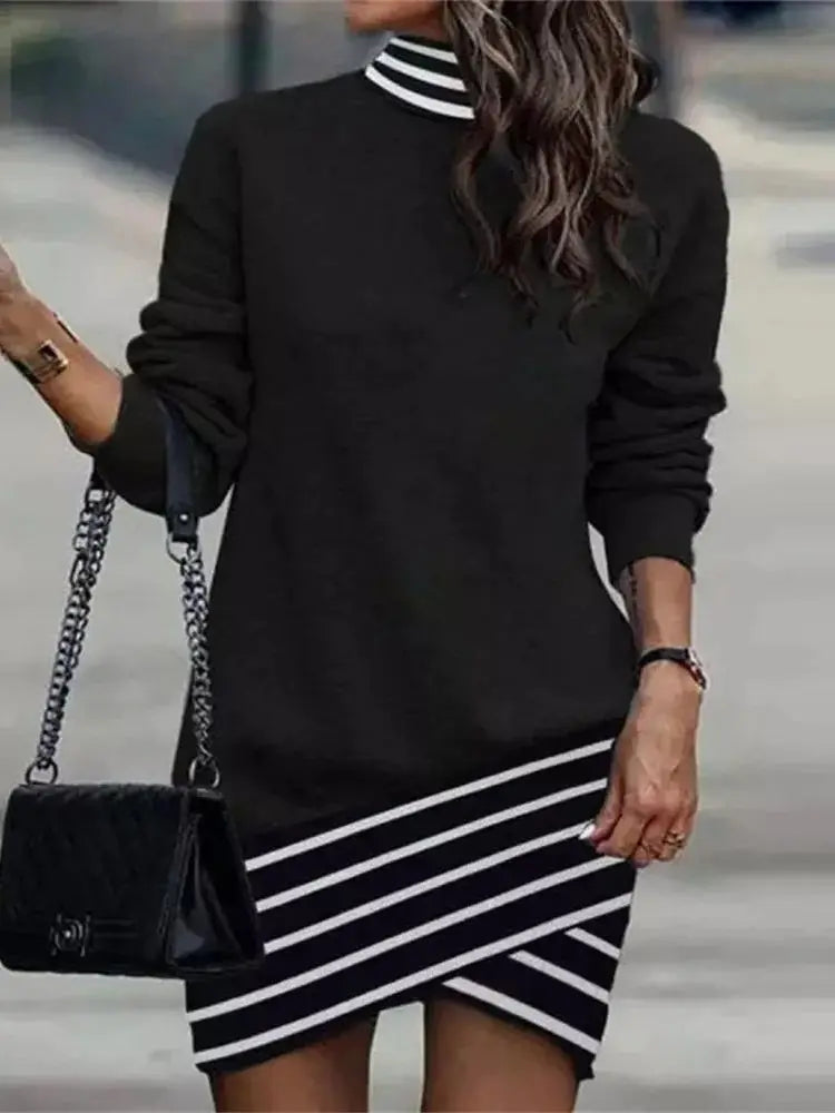 Vestido corto de manga larga con Cuello medio alto para mujer, minivestido de fiesta con estampado de retales, ropa de calle Sim