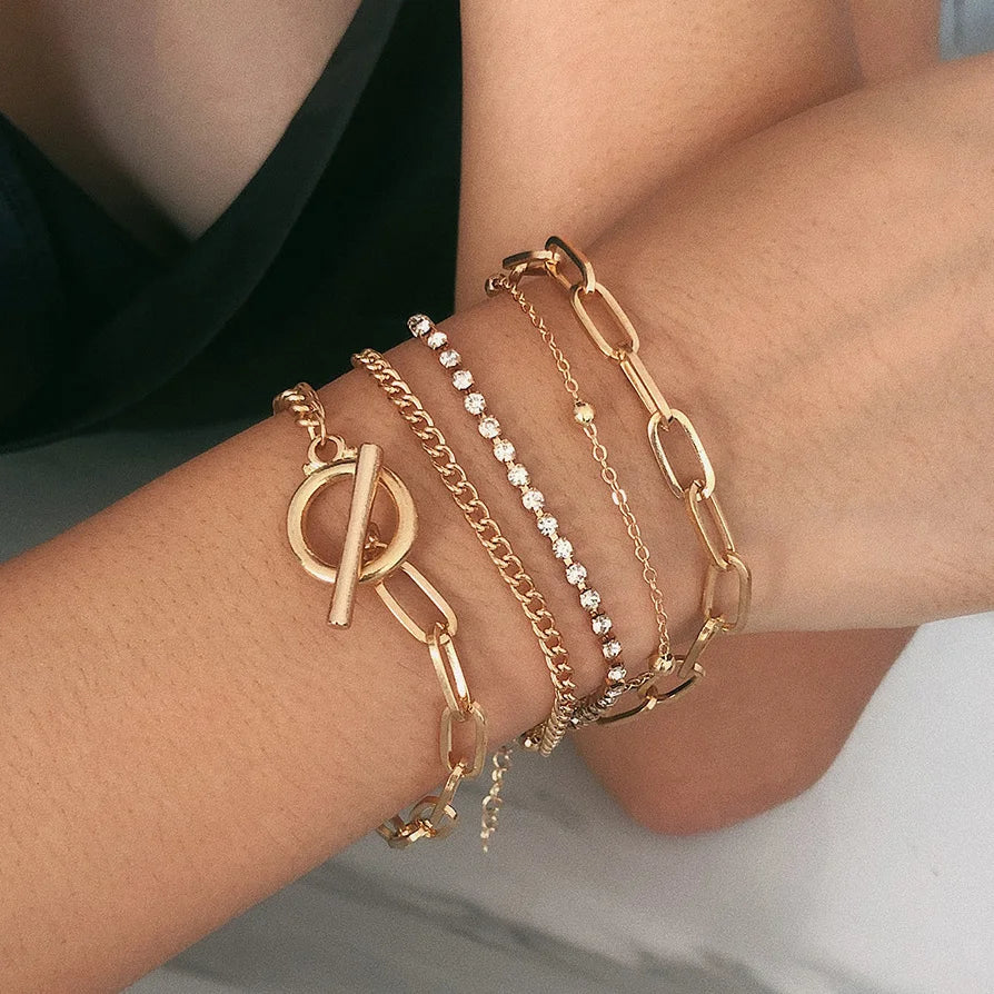 4pcs Punk Curb Cuban Chain Bracelets Set for Women Simple Thick Gold Color Charm Bracelets Fashion Jewelry Accessories New