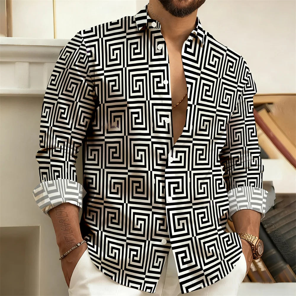 2026 New Men's Long-Sleeved Polo Shirt, Vintage Print Style with Greek Key Pattern, Elegant, Comfortable, and Stylish Men's Top