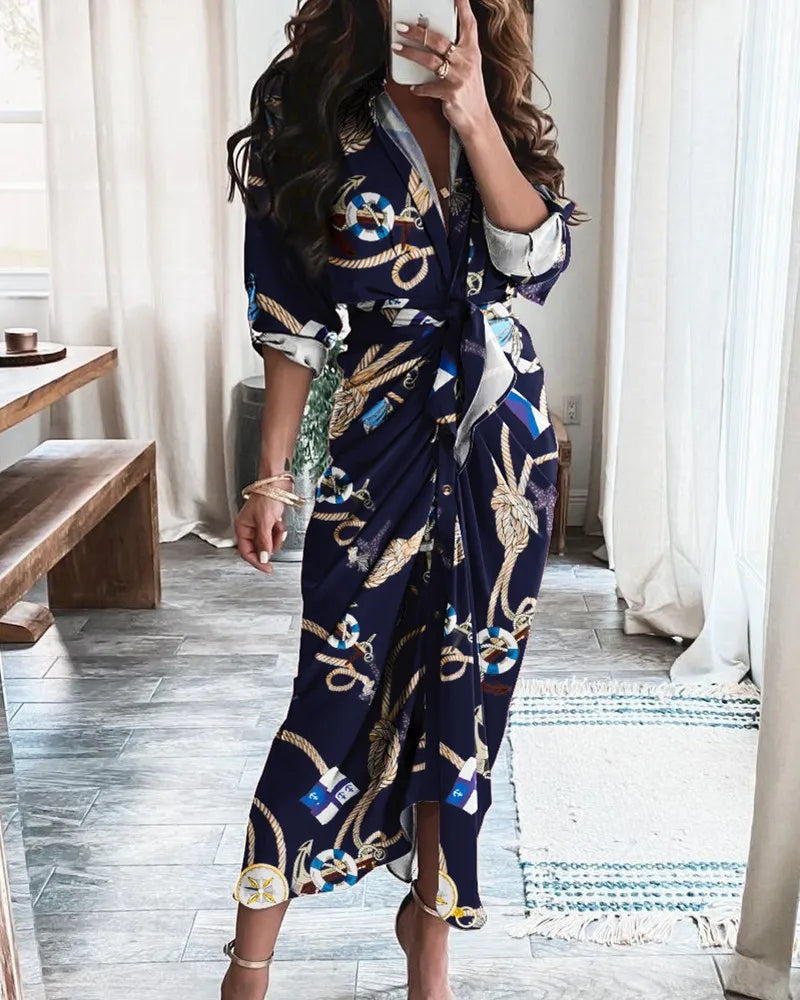 Elegant slim temperament V-neck tie stitching long-sleeved shirt dress long skirt women