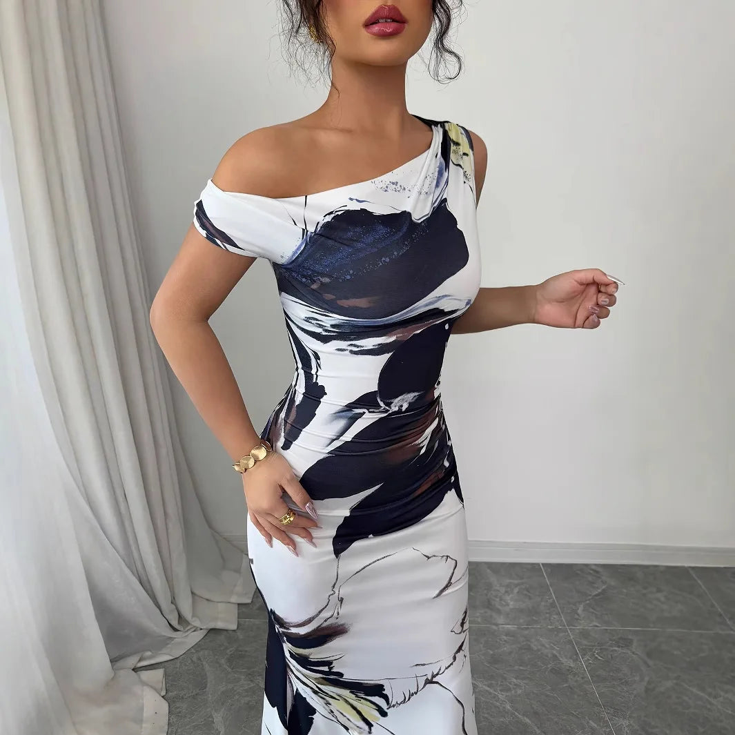 Sexy Bodycon Maxi Dresses For Women 2025 Autumn Winter Fashion Flower Print Slim Sleeveless Off The Shoulder Long Dress Elegant