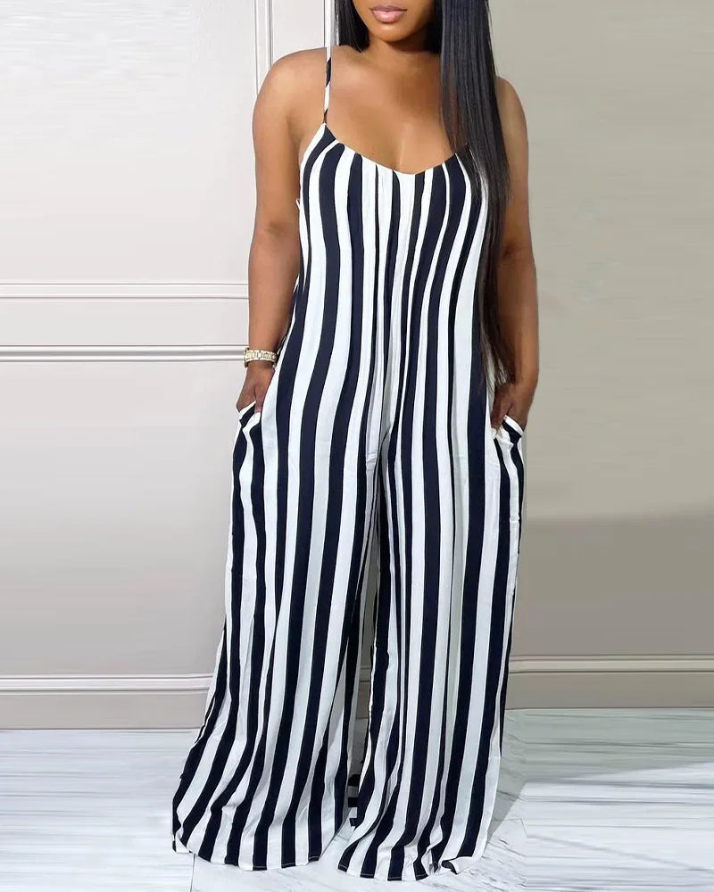 Striped Print Spaghetti Strap Wide Leg Jumpsuit Women
