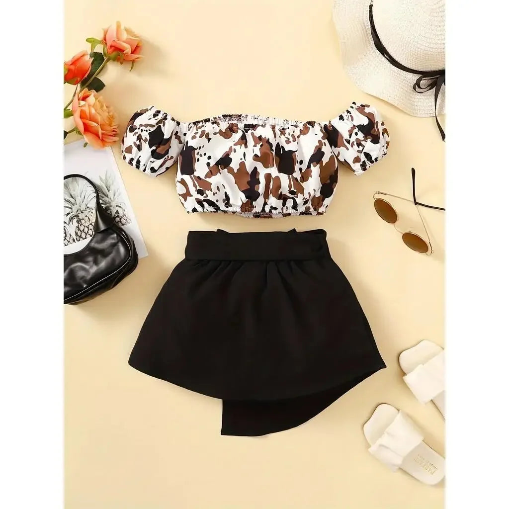 2PCS Toddlers Girl Summer Clothes Set Off Shoulder Leopard Print Top+Short Skirt with Bow Birthday Party Wear for Kids 1-4 Years