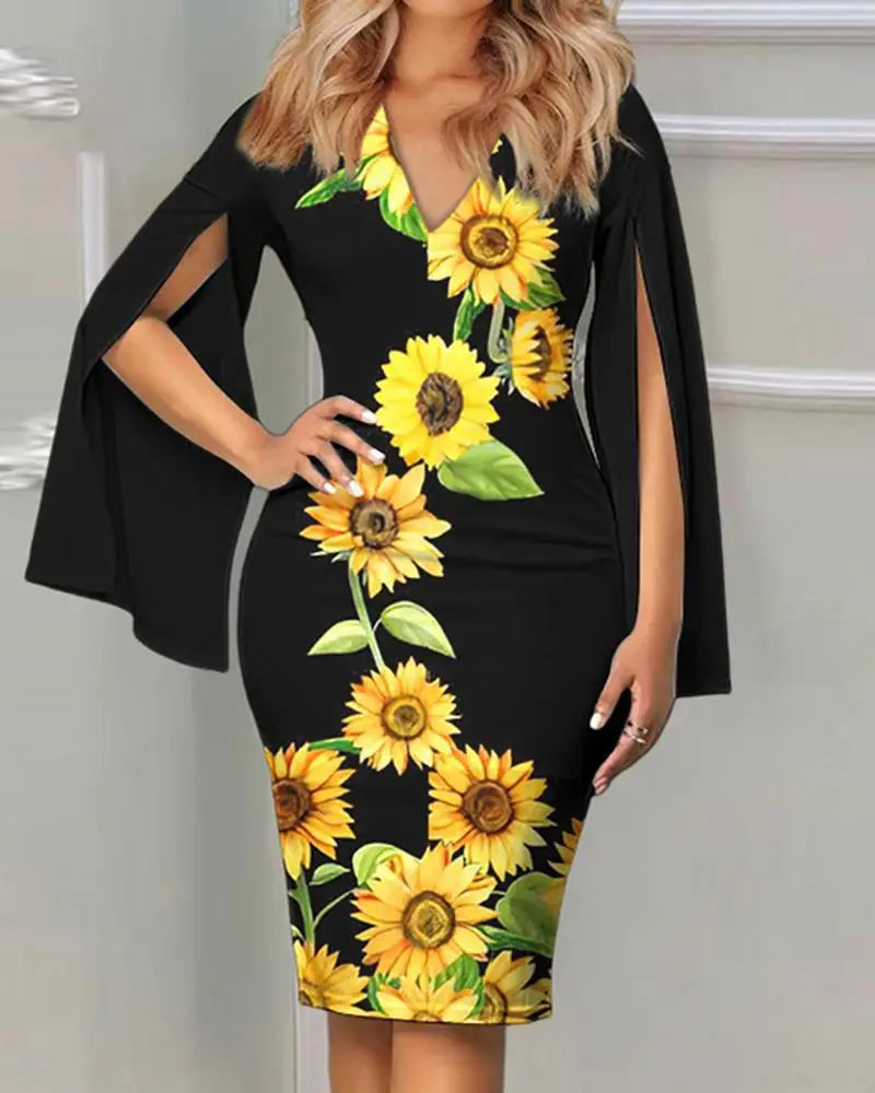 Plus Size Women Dress Bat-wing Sleeve Deep V Neck Sunflower Print Slim-fitting Elegant Printed Pencil Dress
