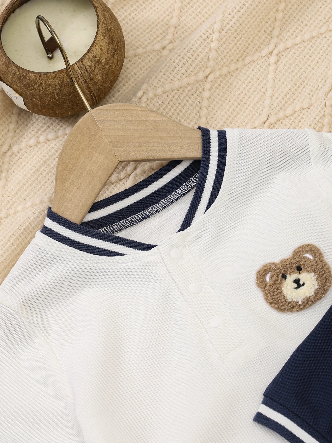 Summer Boys' New Cute Bear Polo Shirts, 2-Piece Set, White And Blue Contrasting Striped Collar Casual Baseball Jacket