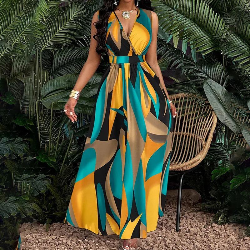 Summer V-neck Elegant Vacation Style Long Printed Dress For Women