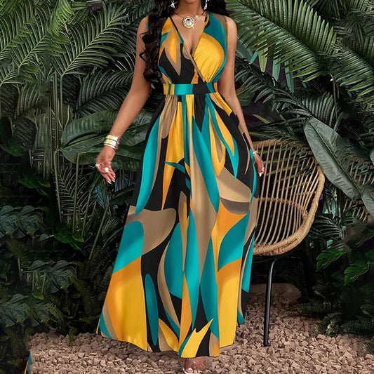 Summer V-neck Elegant Vacation Style Long Printed Dress For Women