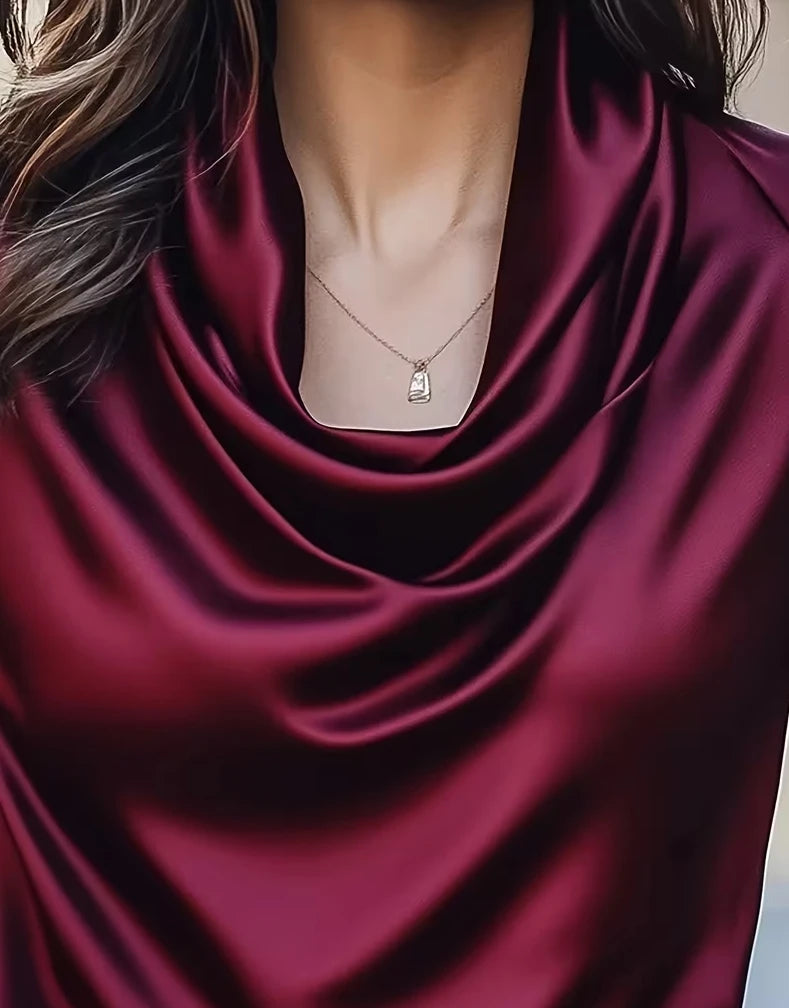 Elegant Satin Cowl Neck Short Sleeve Blouse for Women - Smooth Silk-Like Fabric Perfect for Office and Evening Wear