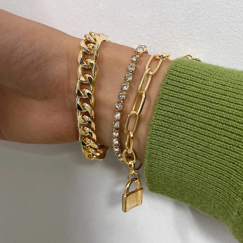 4pcs Punk Curb Cuban Chain Bracelets Set for Women Simple Thick Gold Color Charm Bracelets Fashion Jewelry Accessories New