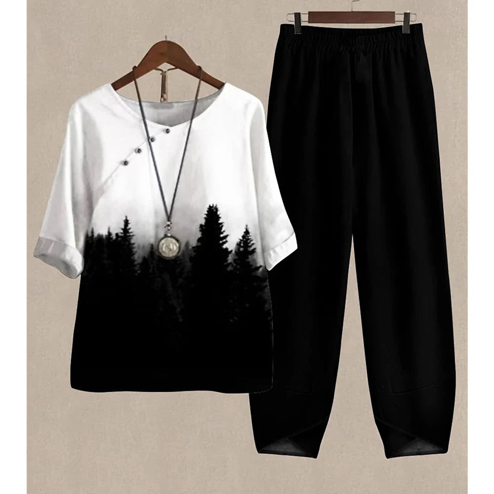 Summer 2 Piece Set Women Loose Short Sleeve Shirt Top High Waist Pants Flower Print Outfits Ladies Elegant Vintage Suit Fall