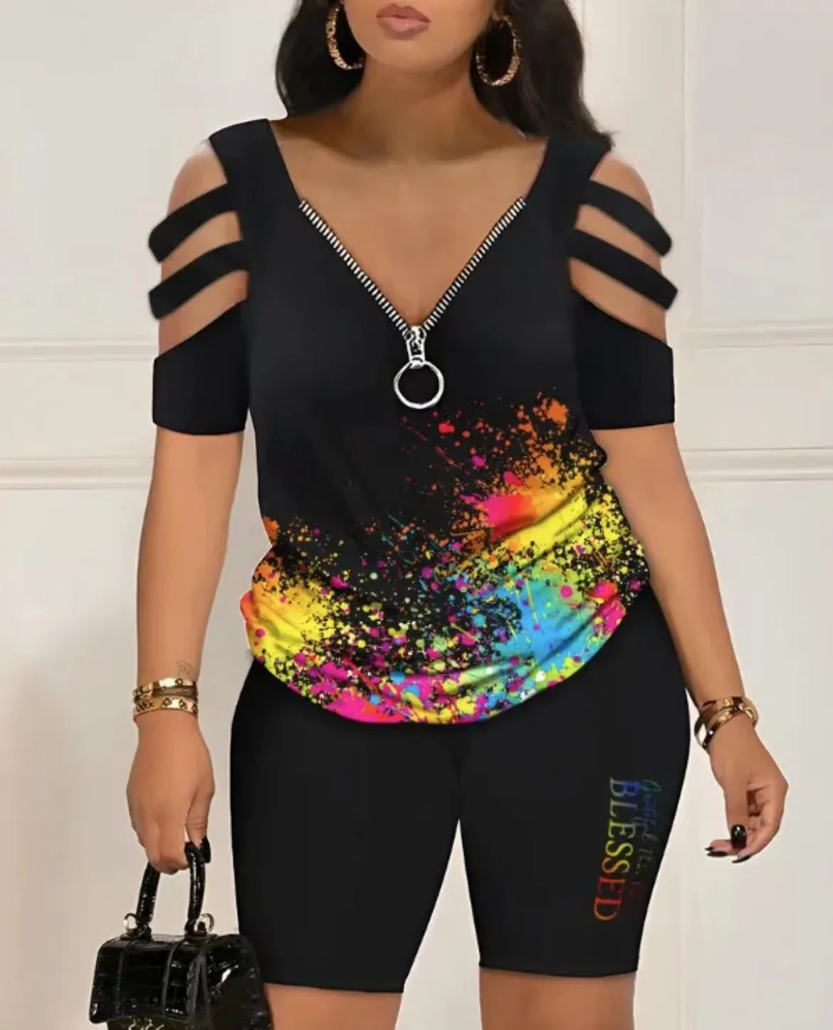 Summer Casual Loose Print T Shirts Two Piece Set For Women