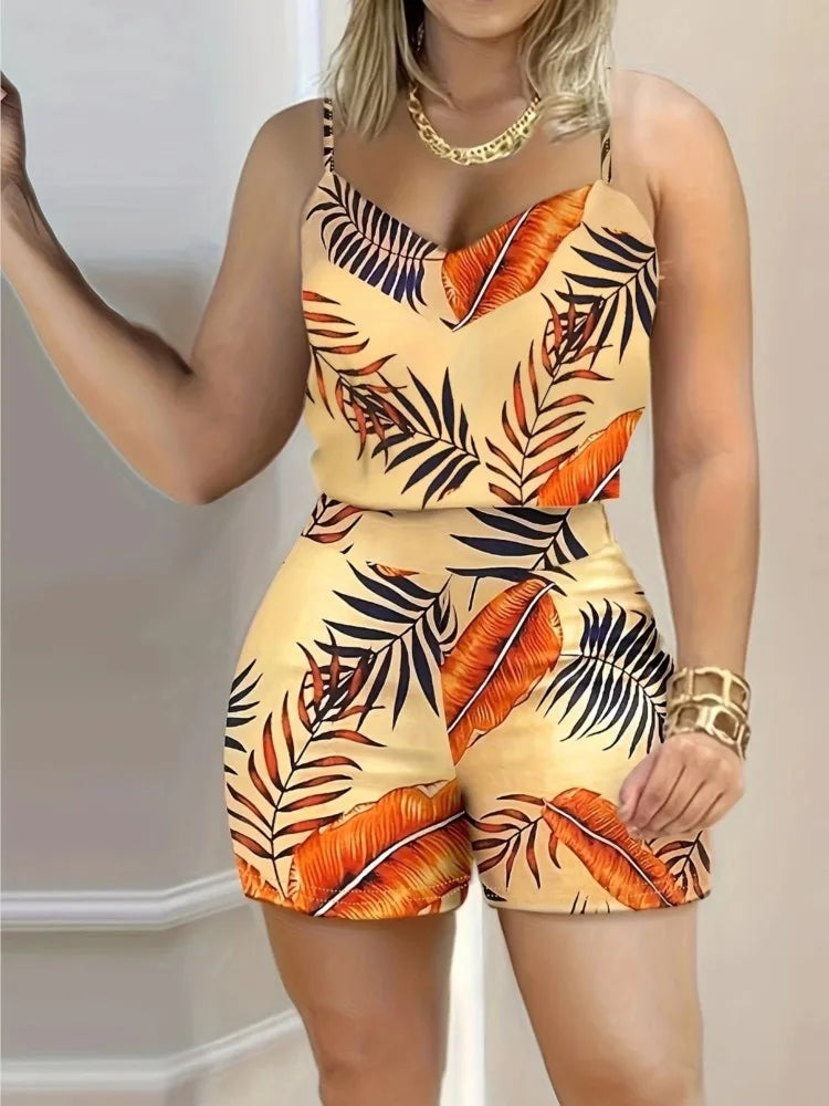 Print Sleeveless Camis Tanks Top And High Waist Shorts Suit Casual Outfits Female
