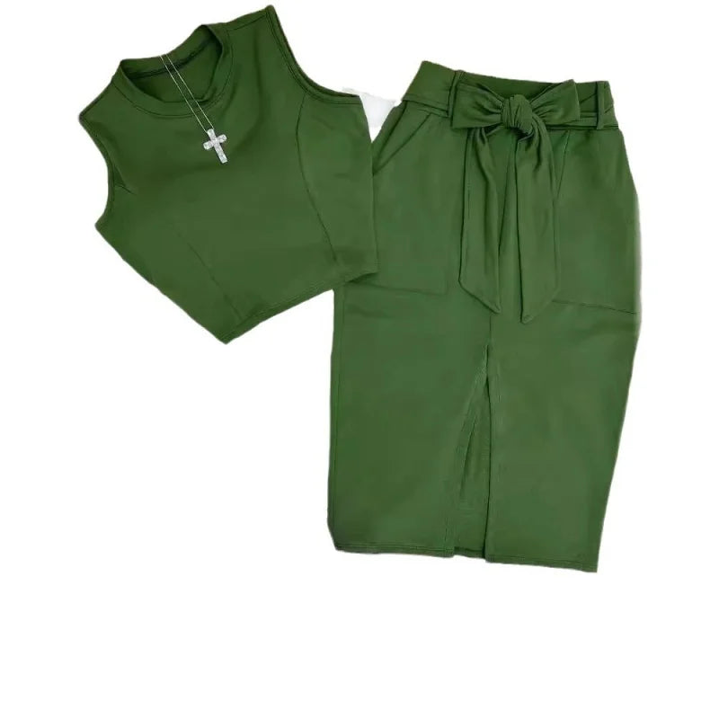 2Pcs/Set Women's Crew Neck Sleeveless Vest + Split Skirt