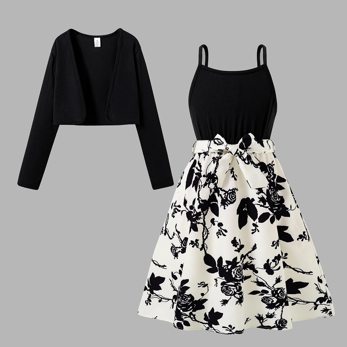 Spring Autumn Girls Elegant Casual Dress Set Black Shawl Short Coat + Ink Painting Rose Print High Waist Pleated Dress
