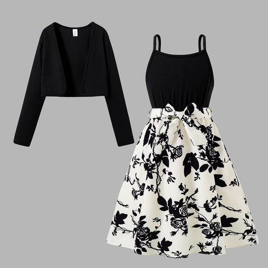 Spring Autumn Girls Elegant Casual Dress Set Black Shawl Short Coat + Ink Painting Rose Print High Waist Pleated Dress