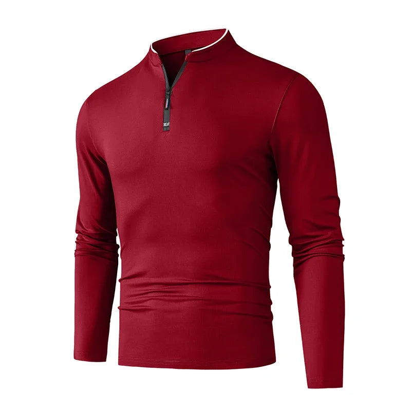 2025 New Men's Casual Fashion Zipper Solid Color Long Sleeved Polo Shirt Stand Up Collar Versatile Comfortable Top