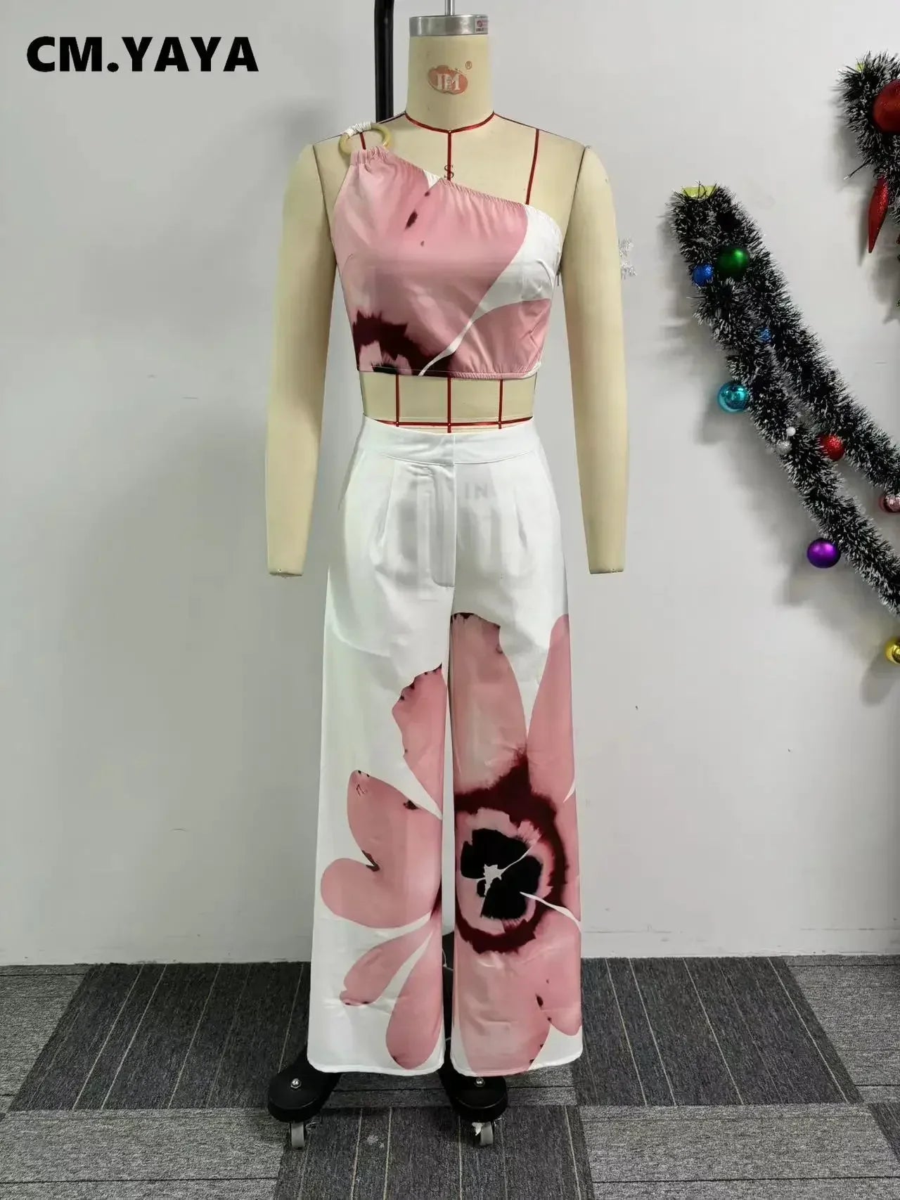 Women Set Floral Print Sleeveless Skew Collar Tops +Wide Leg Pants Two 2 Piece Set Outfit