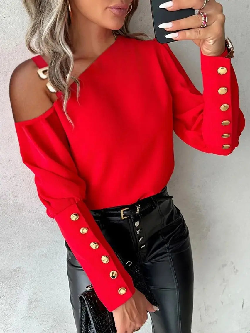 Fashion Lantern Sleeve Button Splicing Shirt Women Elegant Office Commuter O Neck Blouse Female Autumn Spring Daily Casual Tops