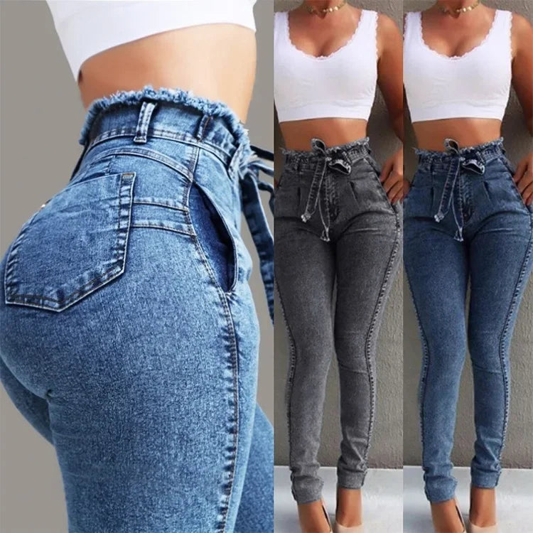 Jeans Slim Stretch Tassel Belt High Waist