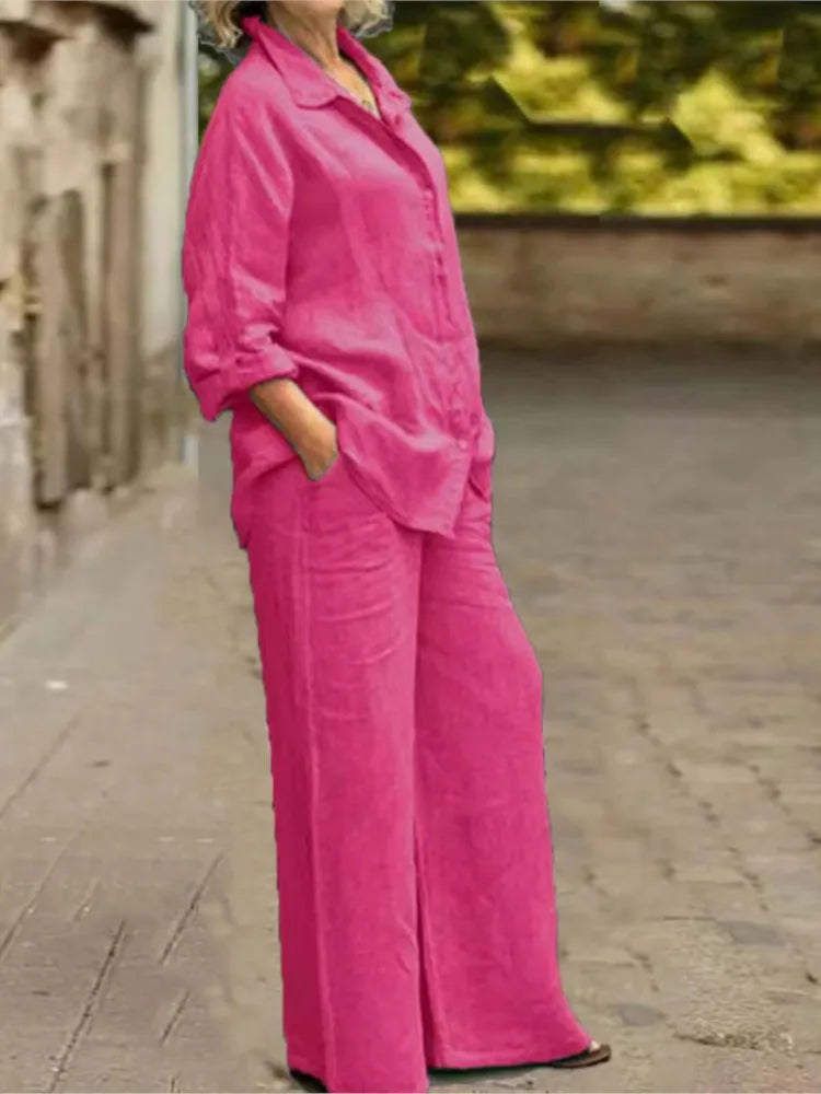 Fashion Cotton Linen Shirt Long Sleeved Women's Set Spring Autumn Loose Cotton  Linen Wide Leg Trousers Female Office 2piece Set