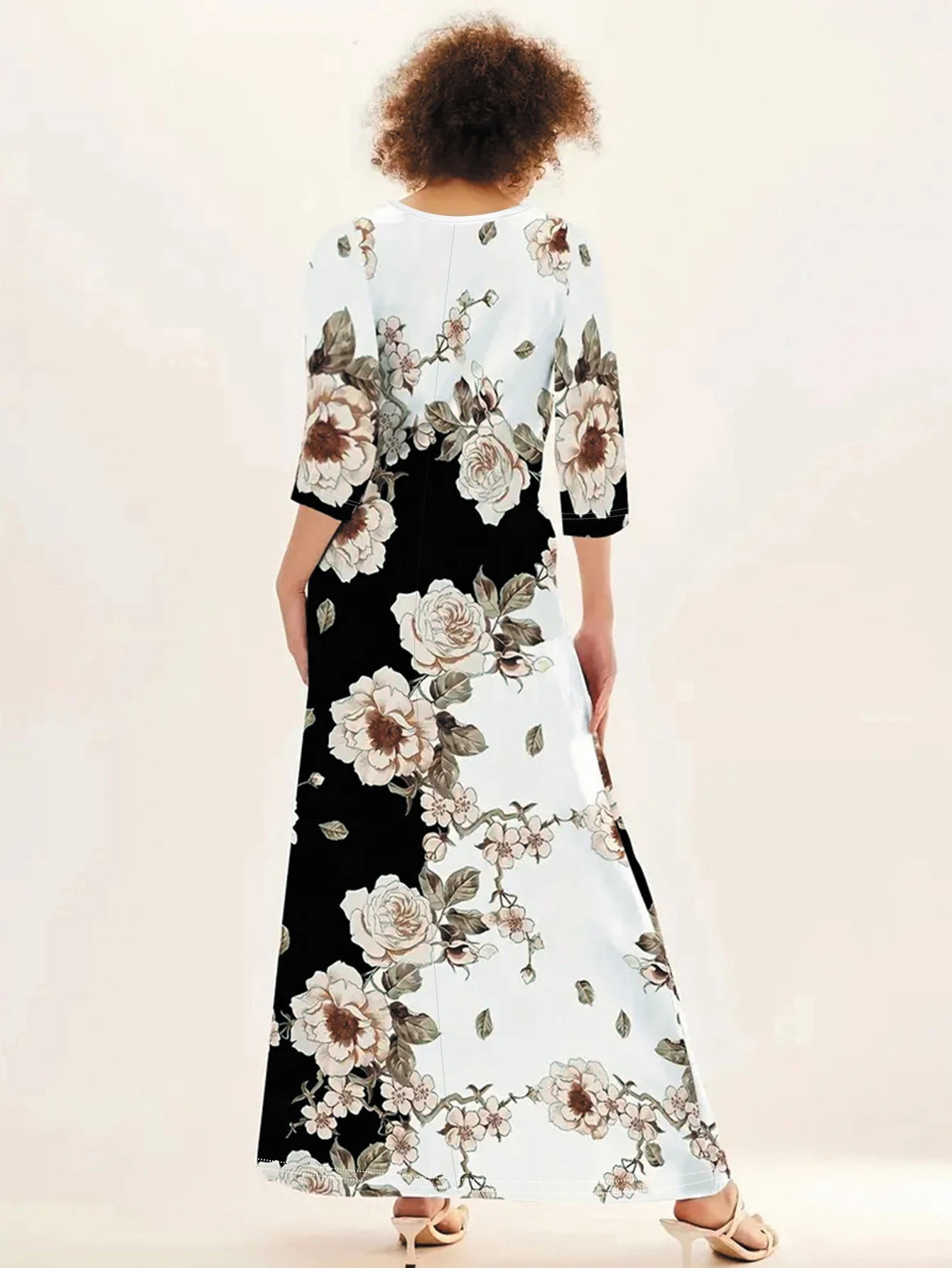 Women's Casual Dress, Plus Size  Print Half Sleeve Round Neck Maxi Dress With Pockets