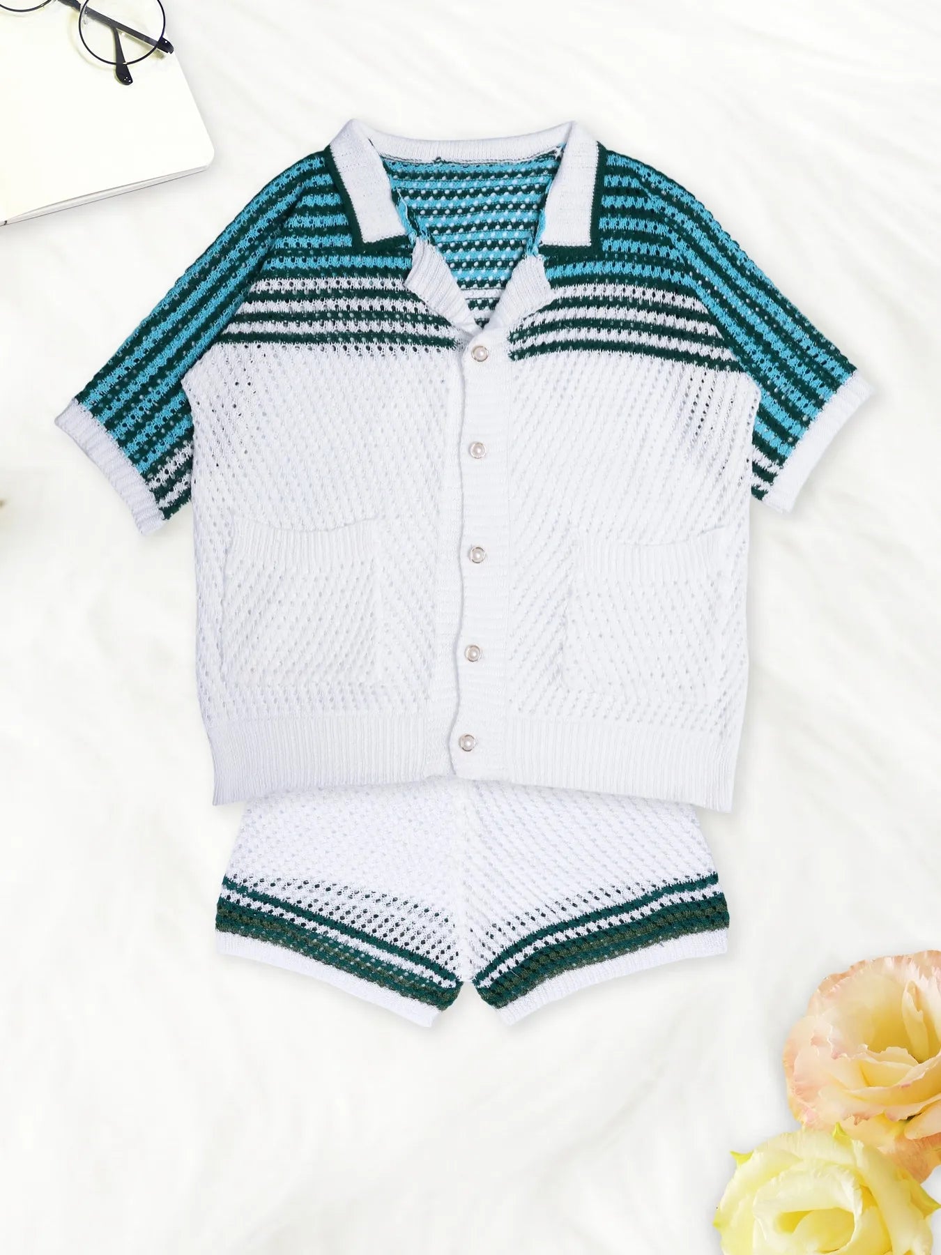 Women's White Green Striped Hollow Knit Two-Piece Set Button-Down Shirt & Shorts Outfit