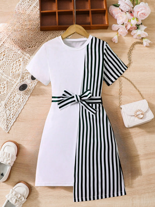 Girls black and white striped dress: stylish belt design, elegant bow decoration