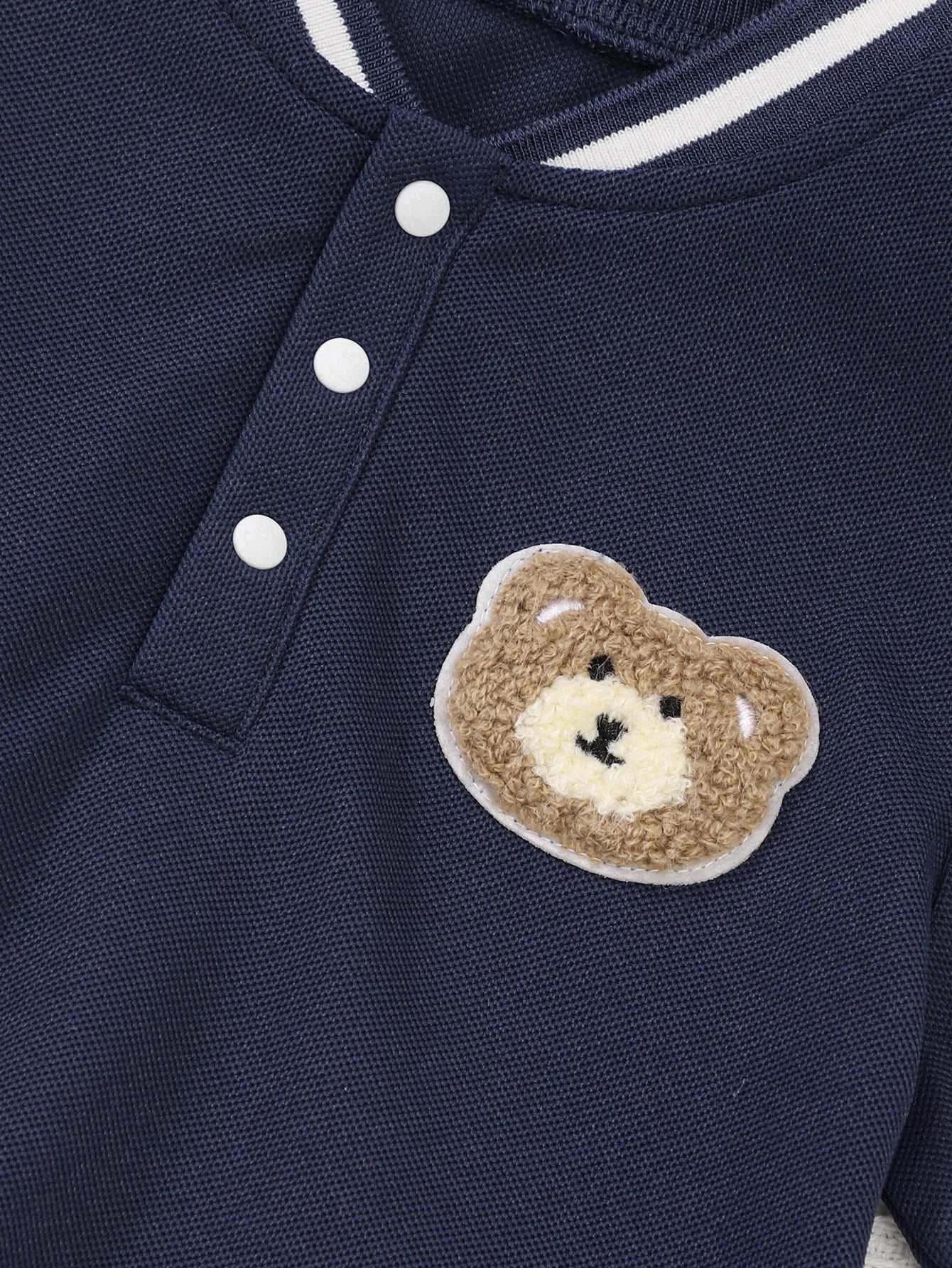 Summer Boys' New Cute Bear Polo Shirts, 2-Piece Set, White And Blue Contrasting Striped Collar Casual Baseball Jacket