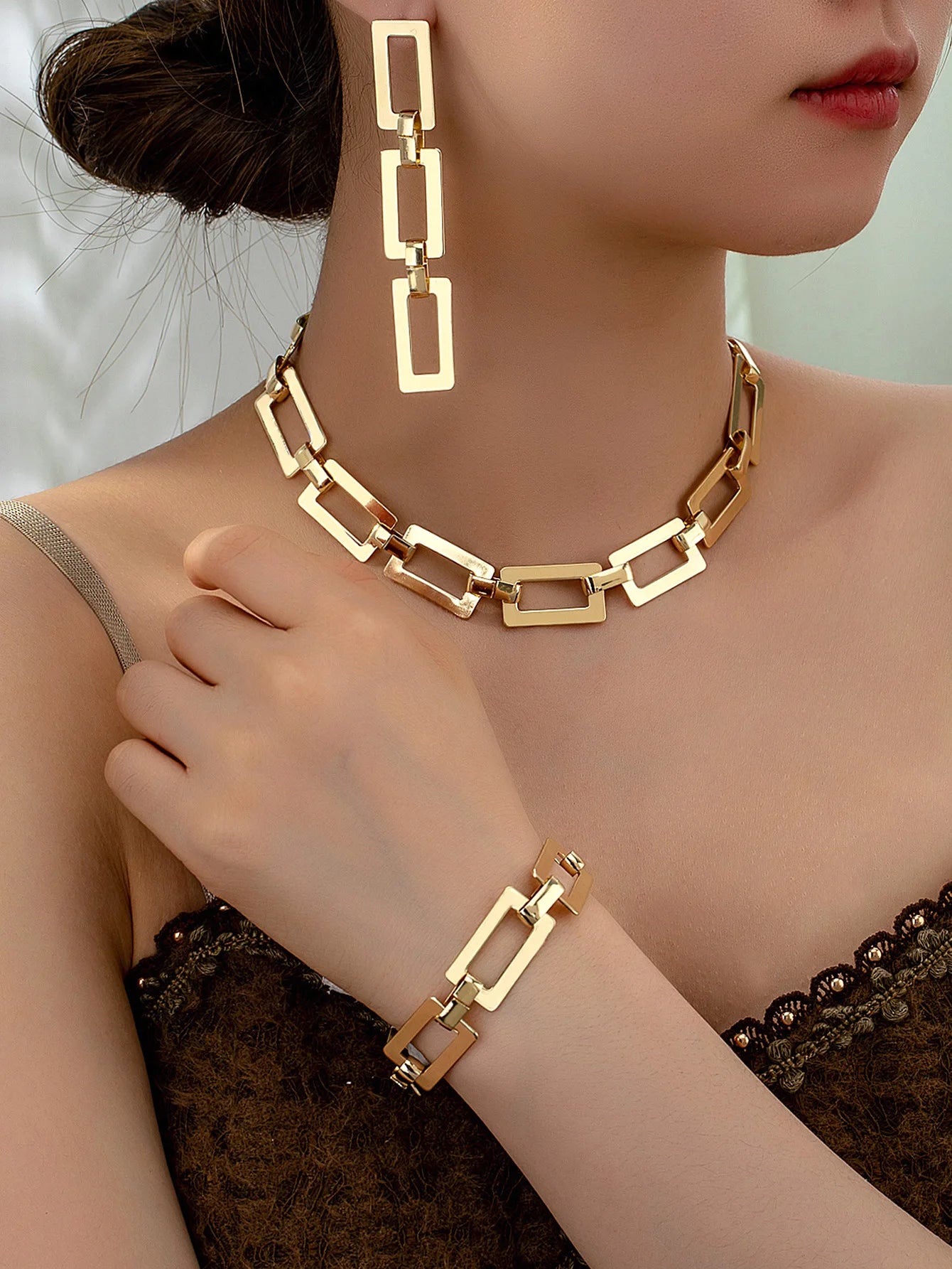 4PCS Stainless Steel Fashion Gold Color Geometric Chain Necklace Bracelets For Women Girl New Fashion Non-fading Set